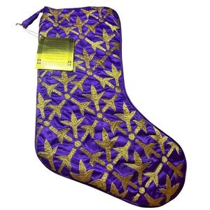 Pier 1 Imports 17" Purple Satin Christmas Stocking Gold Embroidered Holiday Time